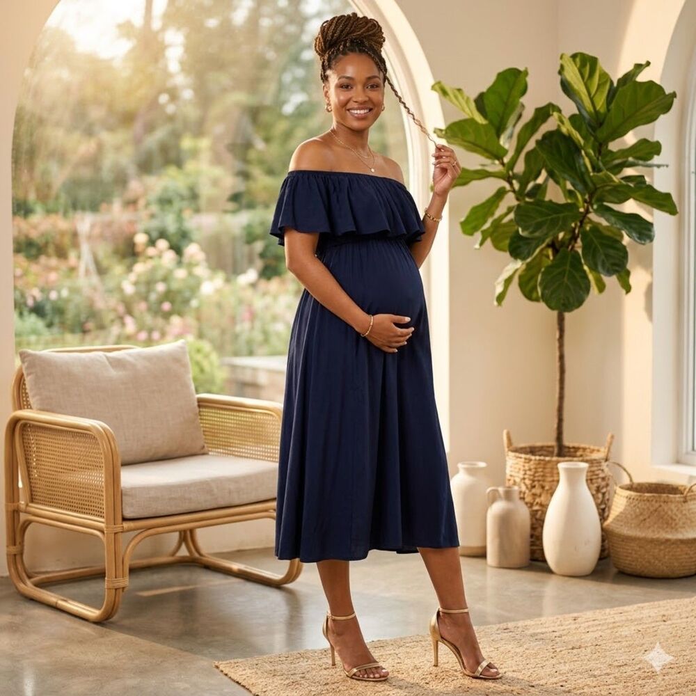 NWT Navy Blue Off Shoulder Maternity Maxi Dress - Baby Shower Photoshoot Boho S